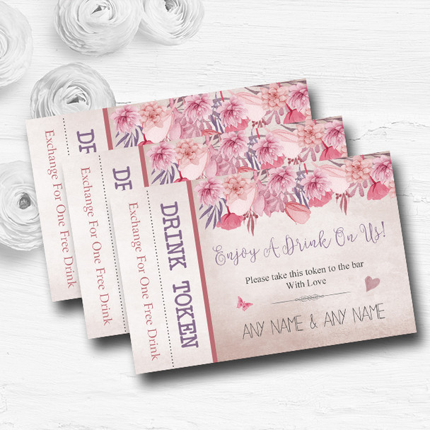Blush Dusty Pink Lilac Vintage Watercolour Floral Wedding Bar Free Drink Tokens