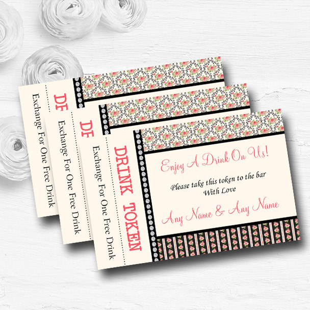 Black And Pink Shabby Chic Rose Tea Stripes Custom Wedding Bar Free Drink Tokens