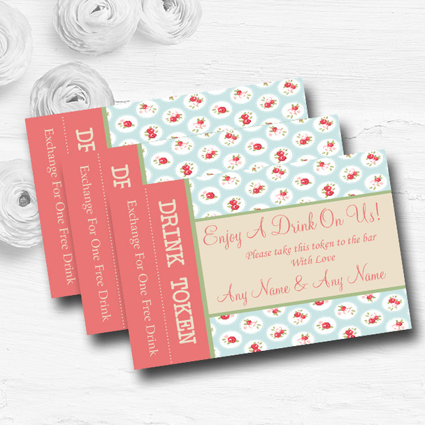 Light Blue And Red Roses Shabby Chic Chintz Custom Wedding Bar Free Drink Tokens