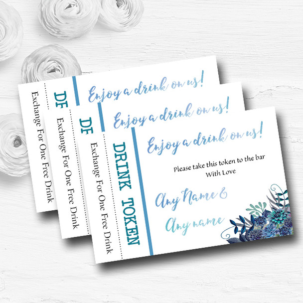 Aqua Green & Blue Watercolour Florals Personalised Wedding Bar Free Drink Tokens