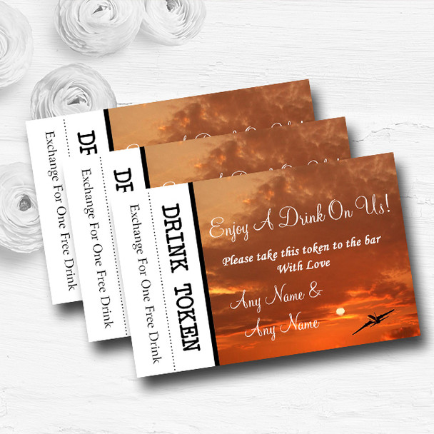 Plane In The Sky Sunset Jetting Off Abroad Custom Wedding Bar Free Drink Tokens