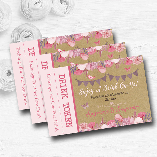 Lilac and Pink Rustic Bunting and Floral Personalised Wedding Bar Free Drink Tokens