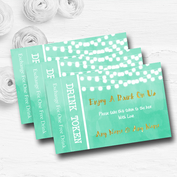 Mint Green & Gold Lights Watercolour Personalised Wedding Bar Free Drink Tokens