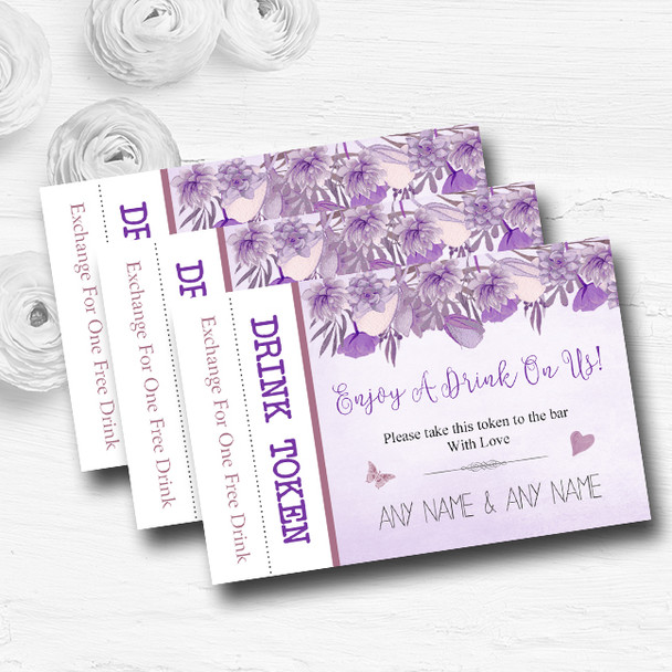 Cadbury Purple & Lilac Watercolour Floral Custom Wedding Bar Free Drink Tokens