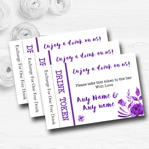 Cadbury Purple & White Watercolour Floral Custom Wedding Bar Free Drink Tokens
