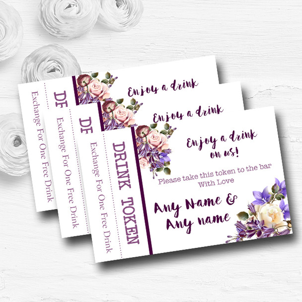 White Lilac & Blush Pink Watercolour Rose Custom Wedding Bar Free Drink Tokens