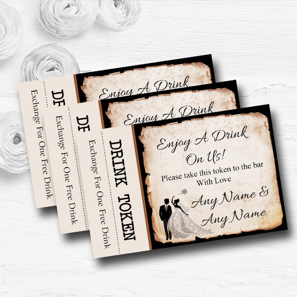 Black White Vintage Rustic Postcard Personalised Wedding Bar Free Drink Tokens