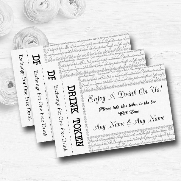 Off White Love Vows Romantic Script Personalised Wedding Bar Free Drink Tokens