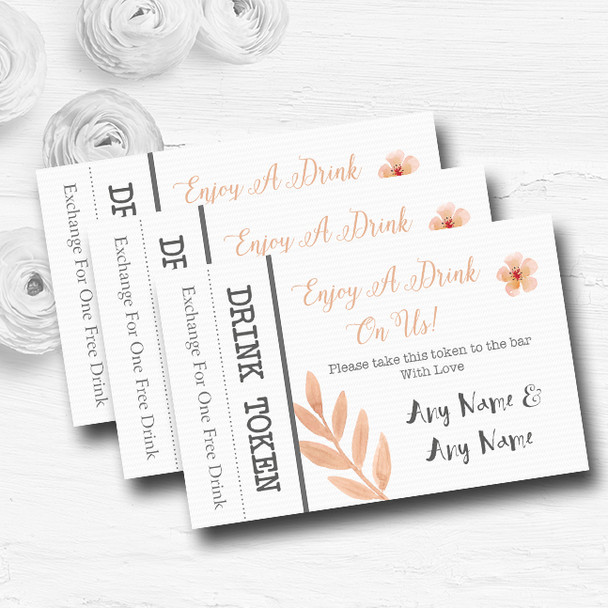 Watercolour Subtle Coral Pink Peach Personalised Wedding Bar Free Drink Tokens