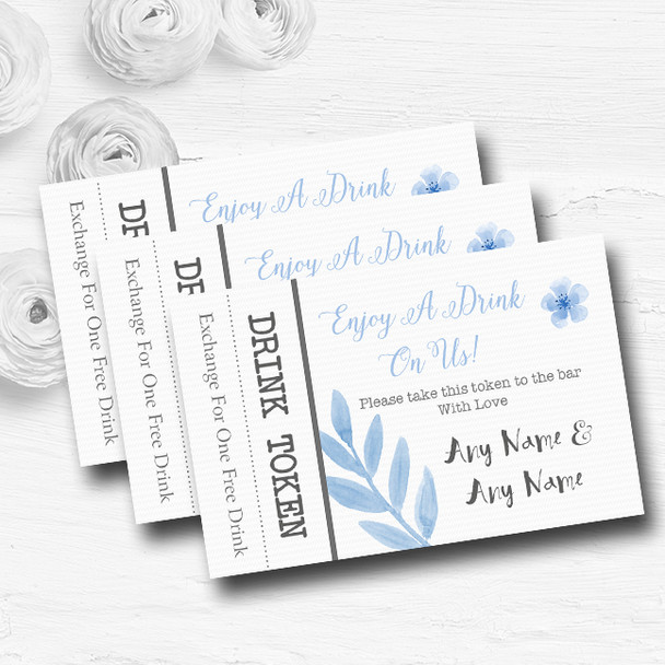 Watercolour Subtle Powder Baby Blue Personalised Wedding Bar Free Drink Tokens