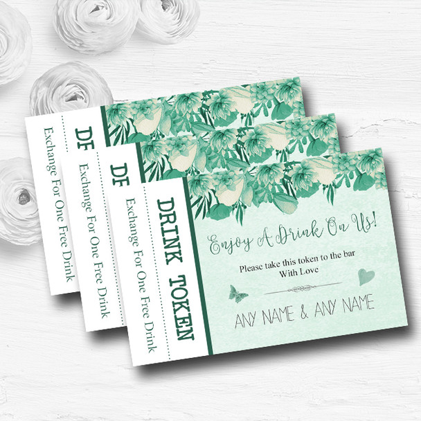 Pale Teal Mint Green Vintage Watercolour Floral Wedding Bar Free Drink Tokens