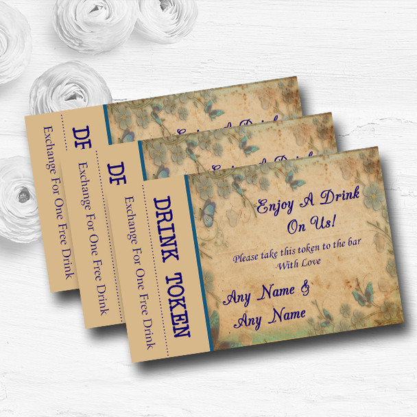 Blue Floral Vintage Shabby Chic Postcard Custom Wedding Bar Free Drink Tokens