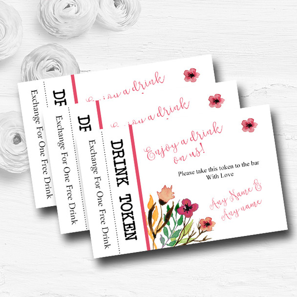 Handwriting Font Watercolour Floral Pink Custom Wedding Bar Free Drink Tokens