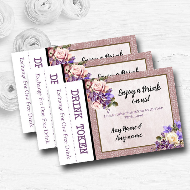 Pale Coral Pink & Lilac Watercolour Rose Custom Wedding Bar Free Drink Tokens