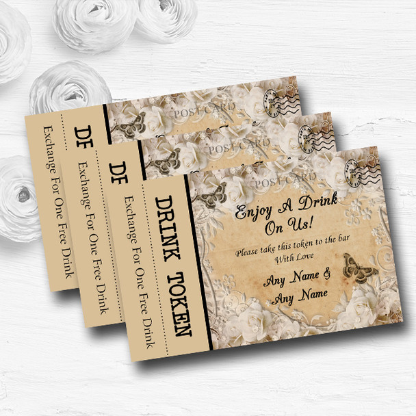 White Roses Vintage Shabby Chic Postcard Custom Wedding Bar Free Drink Tokens