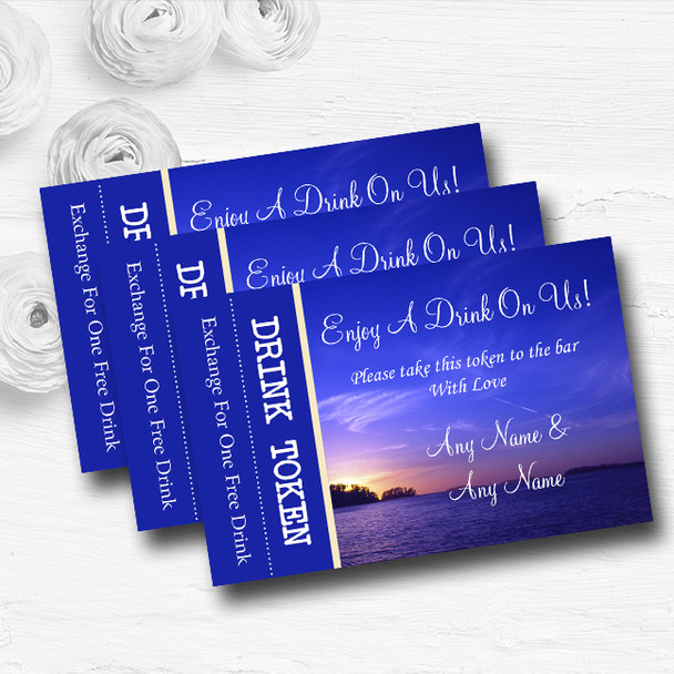 Beautiful Blue Purple Sunset Beach Personalised Wedding Bar Free Drink Tokens