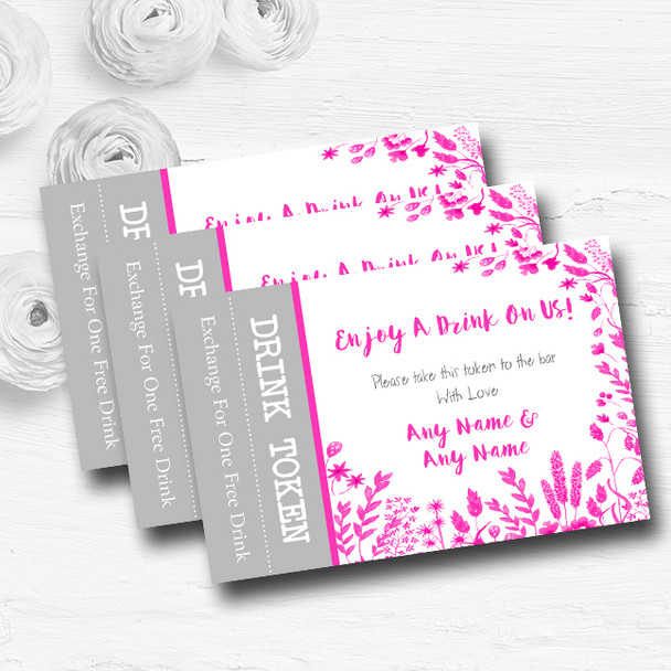 Hot Pink Autumn Leaves Watercolour Personalised Wedding Bar Free Drink Tokens