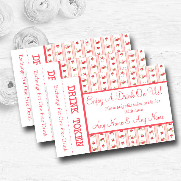 Pink Red Roses Shabby Chic Stripes Personalised Wedding Bar Free Drink Tokens