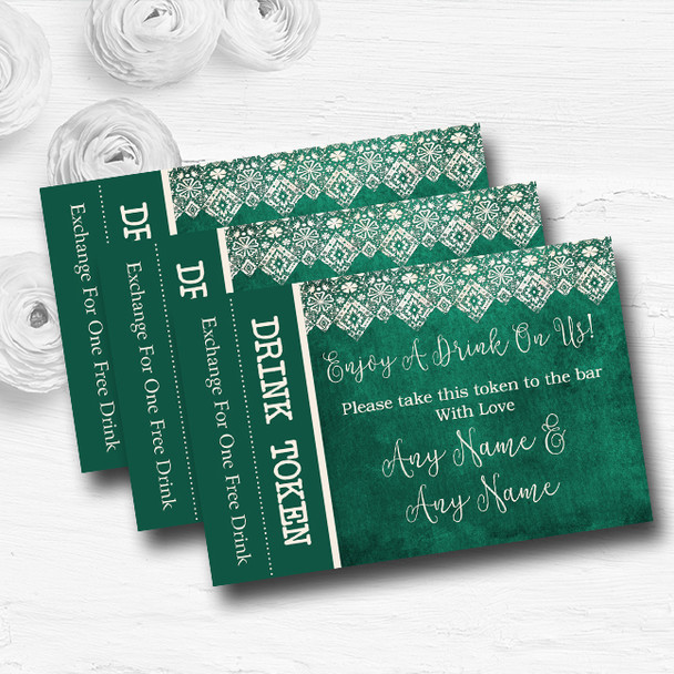 Teal Green Old Paper and Lace Effect Personalised Wedding Bar Free Drink Tokens
