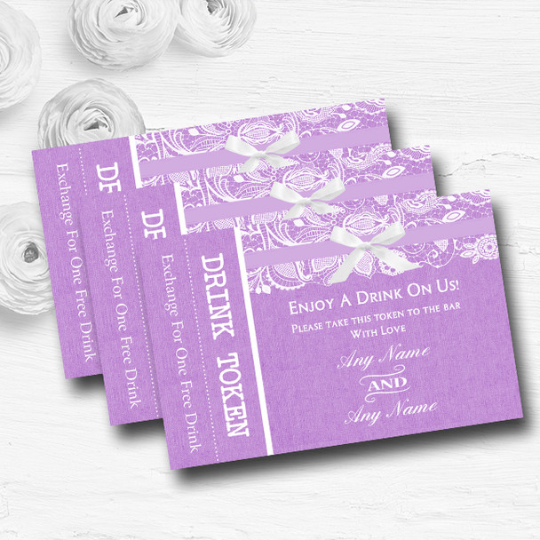 Vintage Lilac Purple Burlap and Lace Personalised Wedding Bar Free Drink Tokens