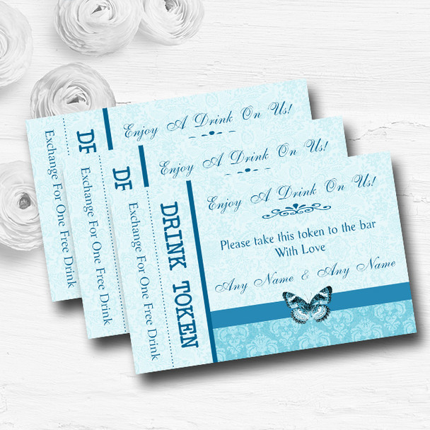 Blue Turquoise Vintage Floral Damask Butterfly Wedding Bar Free Drink Tokens