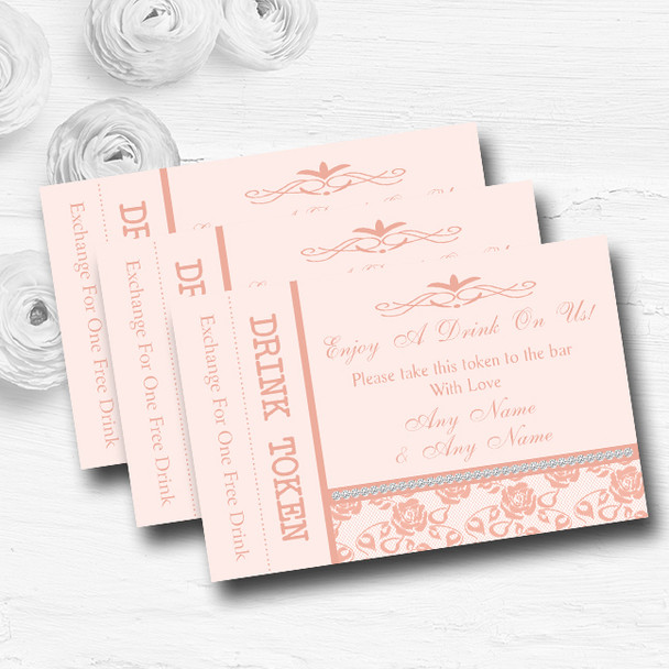 Pretty Pale Coral Floral Diamante Personalised Wedding Bar Free Drink Tokens