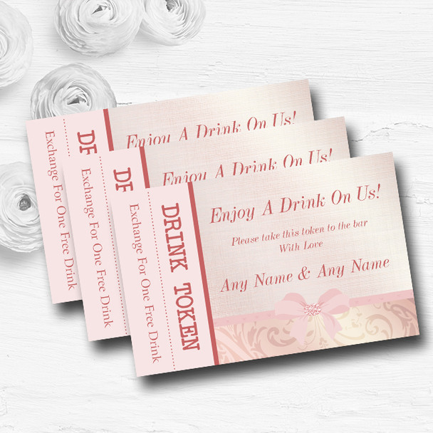 Pretty Pale Coral Pink Damask Bow Personalised Wedding Bar Free Drink Tokens