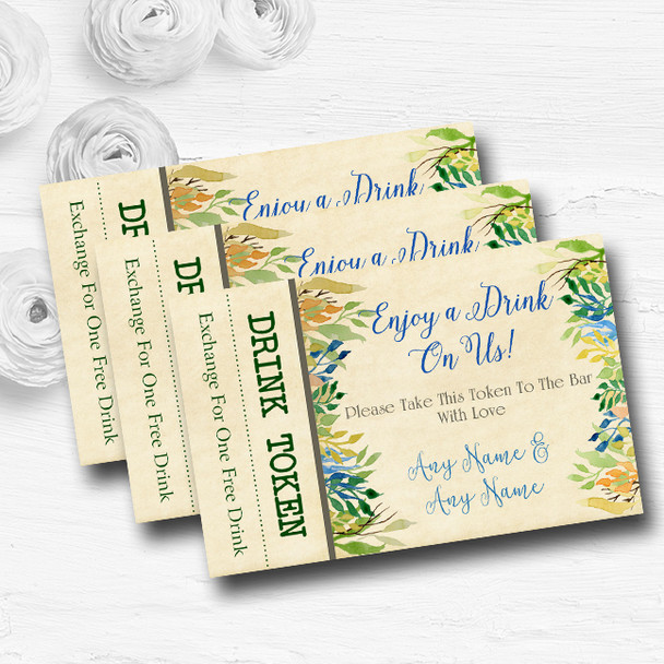 Vintage Autumn Leaves Watercolour Personalised Wedding Bar Free Drink Tokens