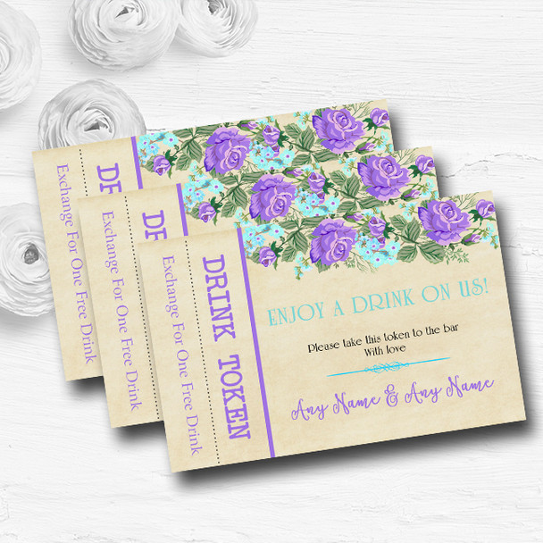 Vintage Purple & Blue Watercolour Personalised Wedding Bar Free Drink Tokens