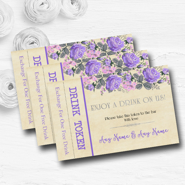 Vintage Purple & Pink Watercolour Personalised Wedding Bar Free Drink Tokens