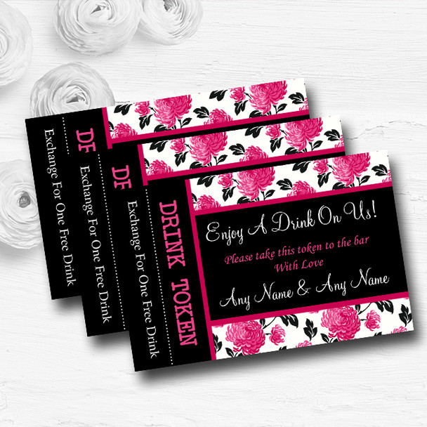 Beautiful Pink Black And White Floral Vintage Wedding Bar Free Drink Tokens