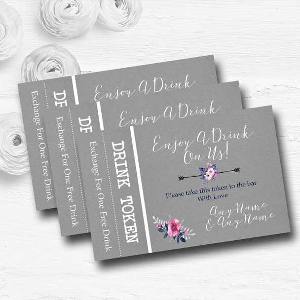 Rustic Vintage Watercolour Navy Blue & Silver Wedding Bar Free Drink Tokens