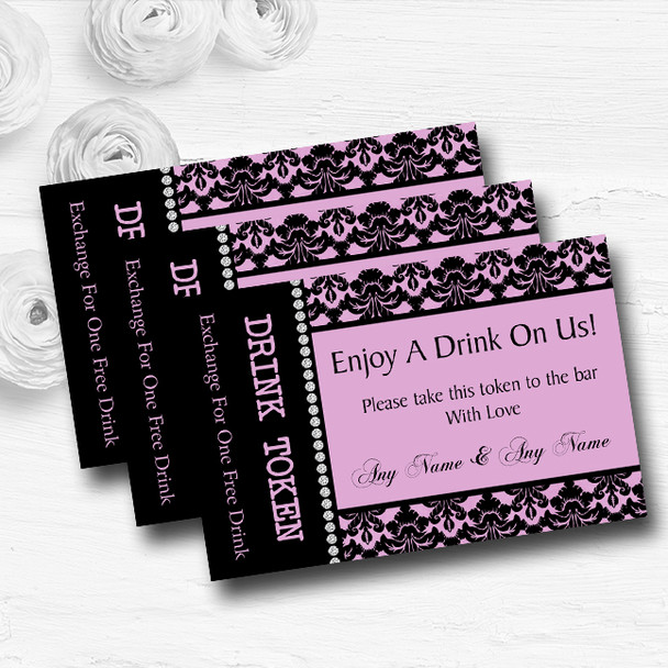 Dusky Rose Pink Black Damask & Diamond Custom Wedding Bar Free Drink Tokens