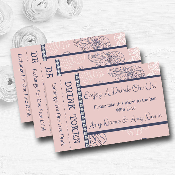 Dusty Coral Pink And Blue Floral Personalised Wedding Bar Free Drink Tokens