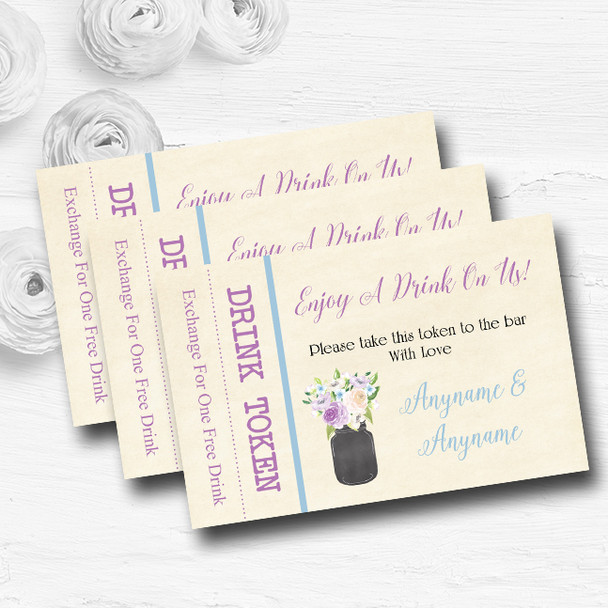 Lilac and Blue Flower Vase Vintage Personalised Wedding Bar Free Drink Tokens