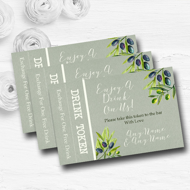 Rustic Vintage Watercolour Olive Personalised Wedding Bar Free Drink Tokens