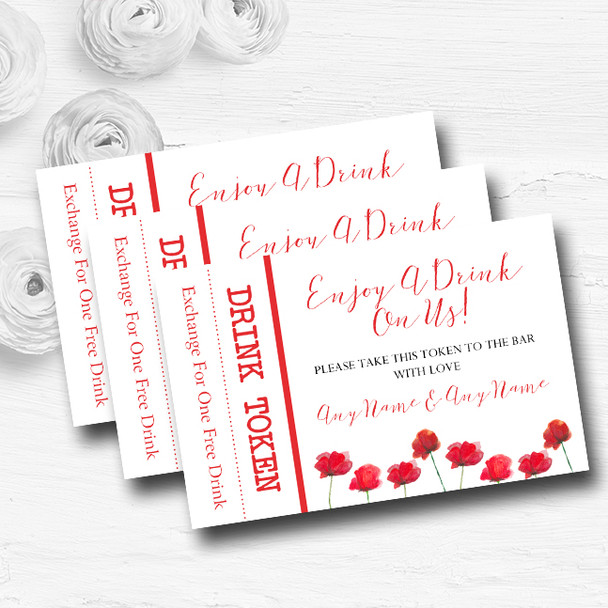 Stunning Watercolour Poppies Red Personalised Wedding Bar Free Drink Tokens