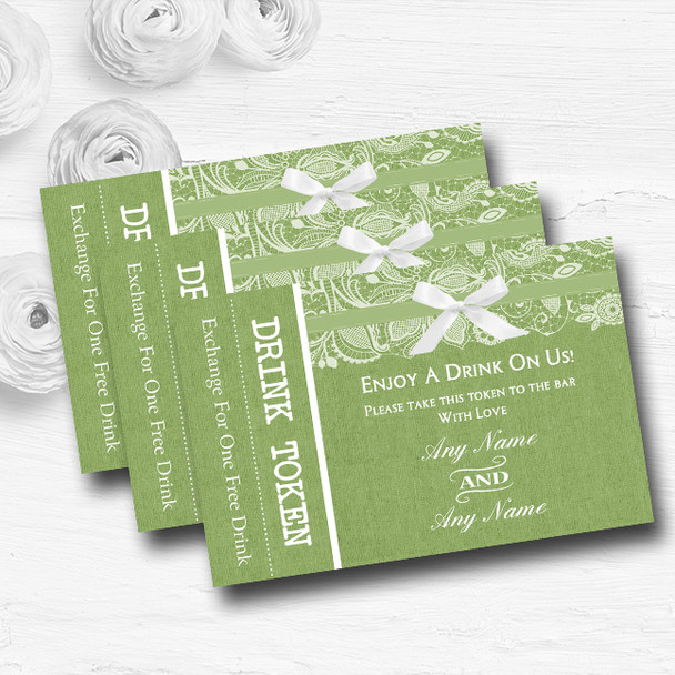 Vintage Sage Green Burlap and Lace Personalised Wedding Bar Free Drink Tokens