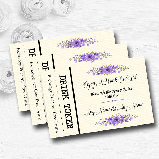 Watercolour Purple Floral Rustic Personalised Wedding Bar Free Drink Tokens