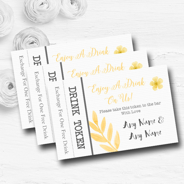 Watercolour Subtle Golden Yellow Personalised Wedding Bar Free Drink Tokens