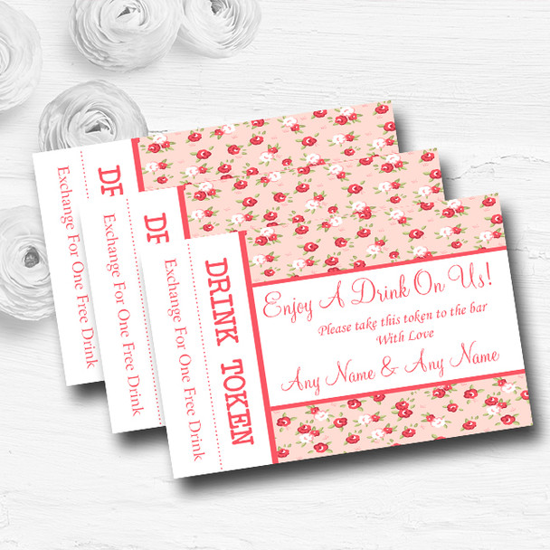 Red And Coral Pink Floral Shabby Chic Chintz Wedding Bar Free Drink Tokens