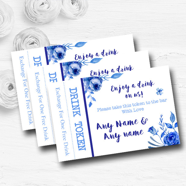 Blue and White Watercolour Floral Personalised Wedding Bar Free Drink Tokens