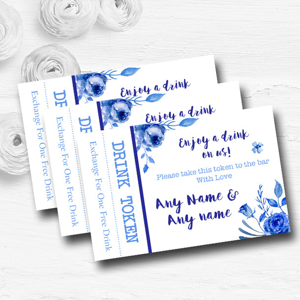 Blue & White Watercolour Floral Personalised Wedding Bar Free Drink Tokens