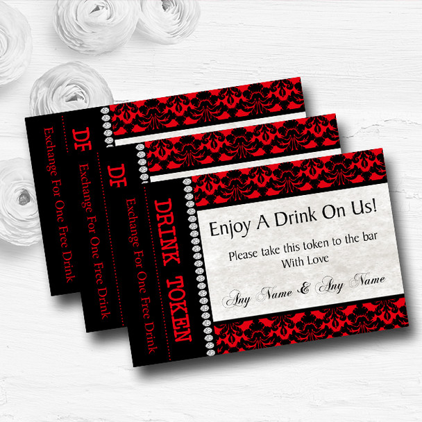 Deep Red Black Damask and Diamond Personalised Wedding Bar Free Drink Tokens