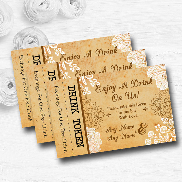 Shabby Chic Rustic Vintage Lace Personalised Wedding Bar Free Drink Tokens