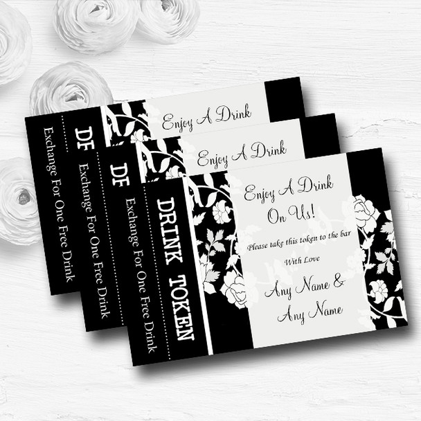 Black And White Floral Flower Personalised Wedding Bar Free Drink Tokens