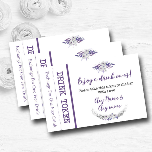 Purple & Silver Subtle Floral Personalised Wedding Bar Free Drink Tokens