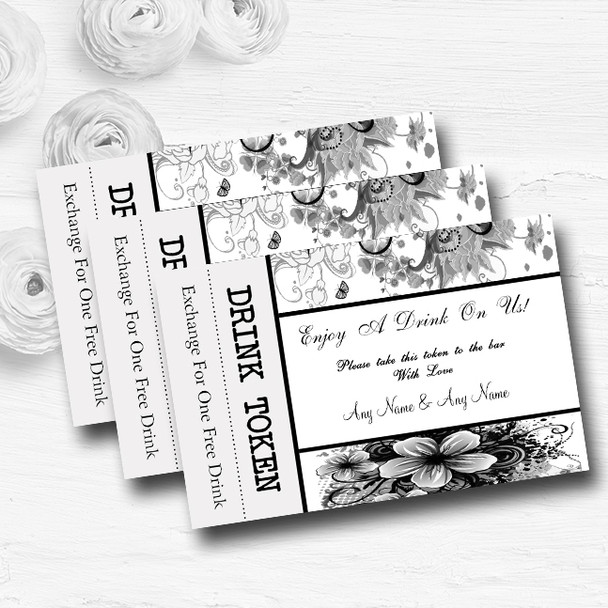 Black White Flower Butterfly Personalised Wedding Bar Free Drink Tokens
