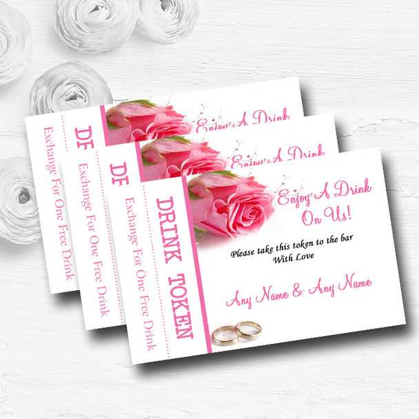 Gorgeous Pink Rose And Rings Personalised Wedding Bar Free Drink Tokens