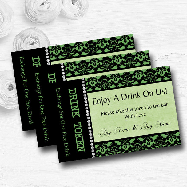 Green Black Damask & Diamond Personalised Wedding Bar Free Drink Tokens